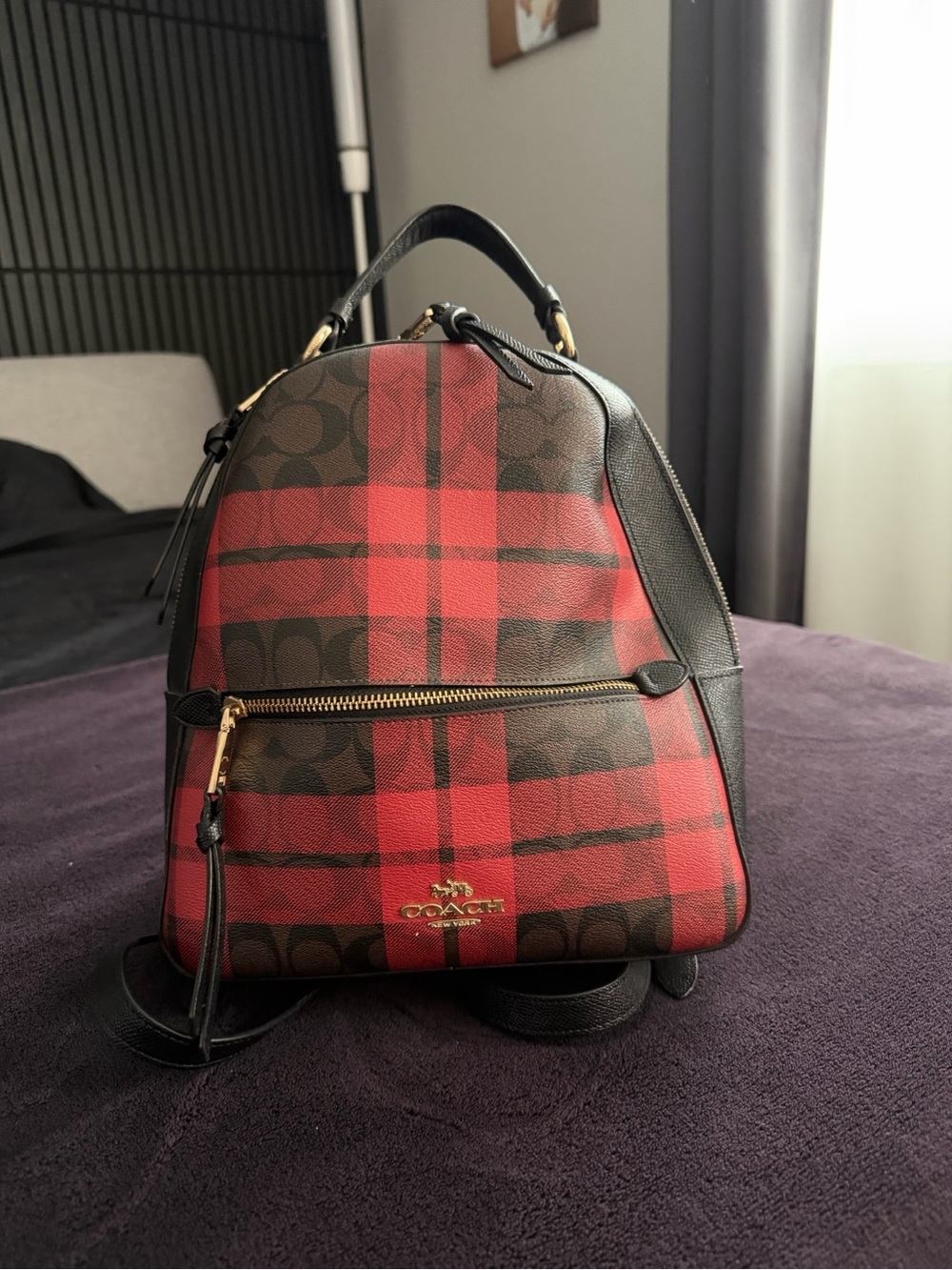 Coach Red and Brown Plaid Signature Mini Backpack